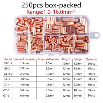 250pcs GT Copper Connecting Pipe Wire Joint Small Copper Tube Terminal Cable Lug Bootlace Ferrule Kit with Crimping Pliers Apsilon