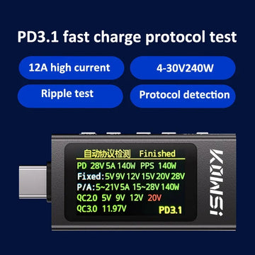 KWS-X1 4V-30V 12A Type C Tester Voltmeter Ammeter TYPE-C Fast Charge Detection Trigger Capacity Measurement Ripple Measurement Apsilon
