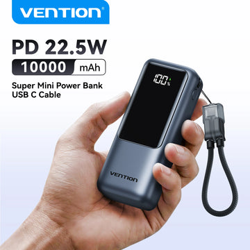 Vention 10000mAh Mini Power Bank 22.5w Portable Charger Built-in USB C Cable PD 3.0 Fast Charging for iPhone 17 Samsung S25 S24 Apsilon