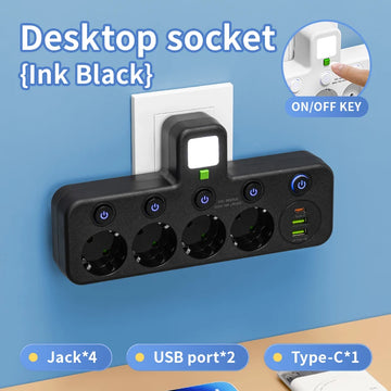 EU plug and socket 4 sockets, multi plug wall power plug and socket without extension cable or USB and Type-C port Apsilon
