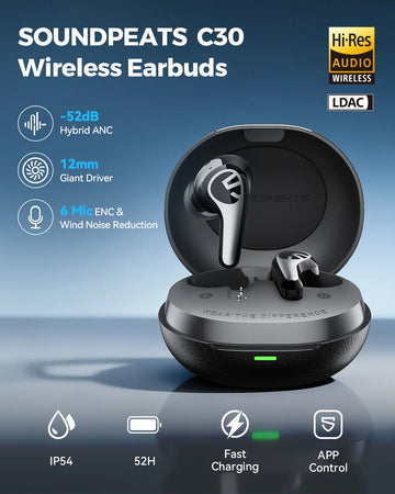 SOUNDPEATS C30 Wireless Earphones -52dB Hybrid ANC Bluetooth 6.0 Headphones Hi-Res LDAC Audio, 6 Mics ENC, Fast Charge, IP54 Apsilon