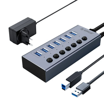 ORICO USB3.0 Hub Aluminum Industrial 7-Port Splitter Split Switch with 12v Power Adapter for Macbook Mobile Phone Tablets Apsilon