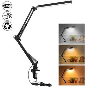 10W LED Desk Lamp with Clamp Adjustable Swing Arm Dimmable Table Light 3 Color Modes 10 Brightness Levels Eye-Caring USB Reading Apsilon