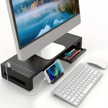 Monitor Stand Riser, With Foldable, Height Adjustable Computer Stand, Desk Shelf Riser with Storage Drawer &Tablet Phone Apsilon