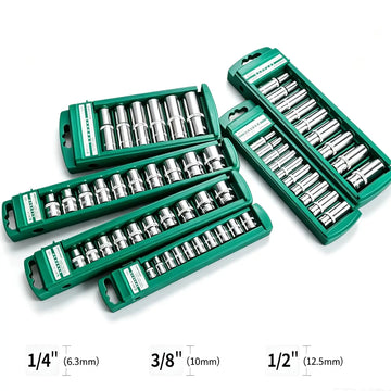 Hex Socket Wrench Head Set 1/4 3/8 1/2 Short Long Socket Deep Nut Driver Sleeve Spanner End Ratchet Tool With Holder Apsilon