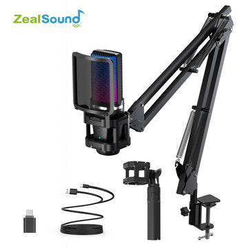 Zealsound RGB Recording Microphone With Articulated Arm/USB Condenser Mic with Tripod For Gaming Podcasting Streaming Youtube Apsilon