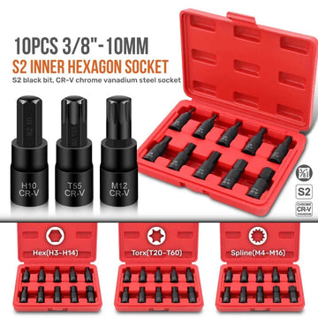 Hi-Spec 10PC 3/8" Drive Socket Set H3-14/T20-60/M4-16 with Red Case, Professional Torx/Hex/Spline Tool Kit for Auto Maintenance Apsilon