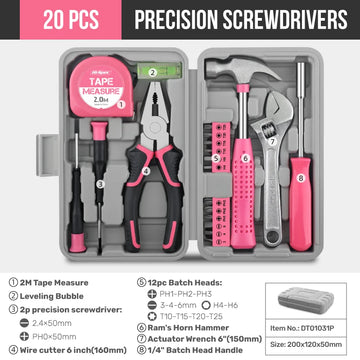 Hi-Spec 18/19/20PCs Pink DIY Tool Kit with Electric Pen & CR-V Steel - Home Maintenance Hand Tools Set for Women & Car Care Apsilon