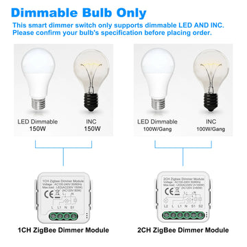 GIRIER Tuya Smart Dimmer Switch Module ZigBee Breaker Relay for Dimmable Bulb Supports 2-way Control Works with Alexa Hey Google Apsilon