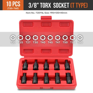 Hi-Spec 10PC 3/8" Drive Socket Set H3-14/T20-60/M4-16 with Red Case, Professional Torx/Hex/Spline Tool Kit for Auto Maintenance Apsilon