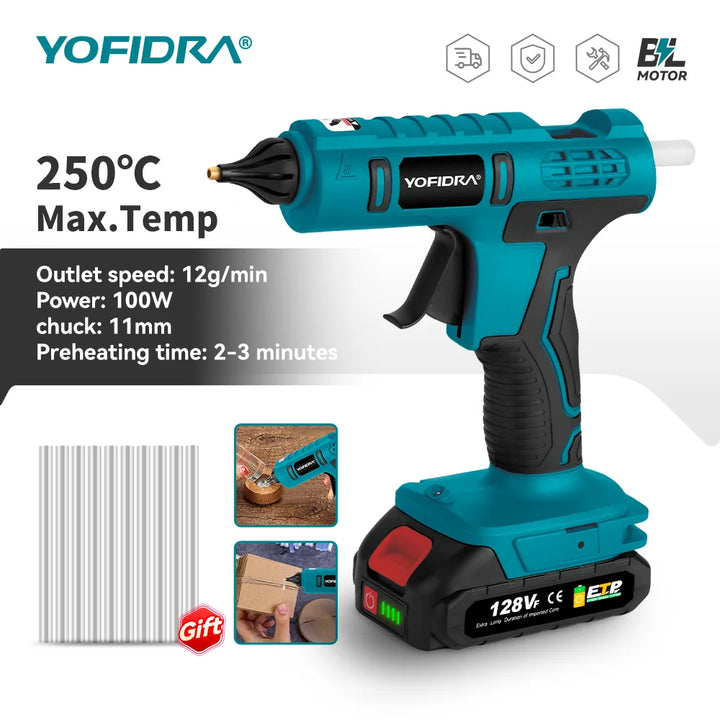 YOFIDRA 100W 260° Hot Glue Gun  Electric Mini Glue Guns Repair Power Tool With 10pcs 11MM Glue Sticks For Makita Battery Pin Apsilon