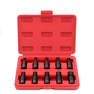 Hi-Spec 10PC 3/8" Drive Socket Set H3-14/T20-60/M4-16 with Red Case, Professional Torx/Hex/Spline Tool Kit for Auto Maintenance Apsilon