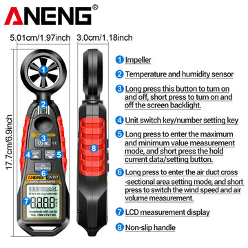 Digital Handheld Anemometer Temperature Humidity 0.4~30.00m/s Wind Speed Meter -20.0C~60.0C Temperature Tester Tools ANENG GN302 Apsilon