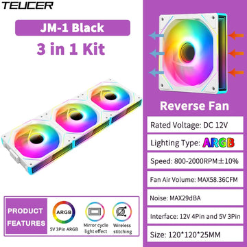 TEUCER JM-1 ARGB Fan 3 in 1 RGB Mirror Cycle Light Effect 800-2000RPM PWM Water Cooling 360mm  PC Cooler Fan Kit Apsilon