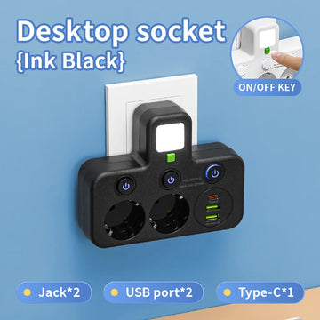 EU plug and socket 4 sockets, multi plug wall power plug and socket without extension cable or USB and Type-C port Apsilon