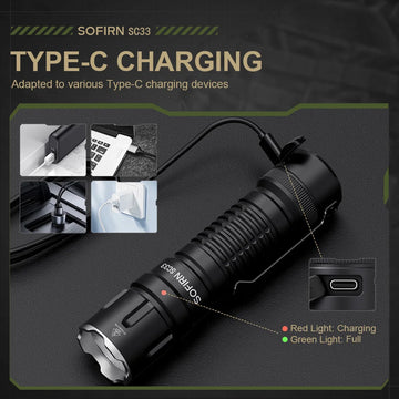 Sofirn SC33 XHP70.3 HI LED Flashlight Tactical 5200lm Powerful 21700 USB C Rechargeable Torch with Tail E-switch Outdoor Light Apsilon