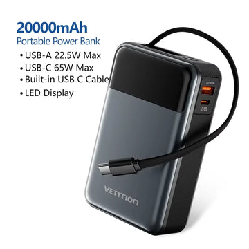 Vention 65W Power Bank 20000mAh Built-in USB-C Cable Portable Powerbank for Laptop PD Fast Charger for iPhone 17 Samsung S25 S24 Apsilon
