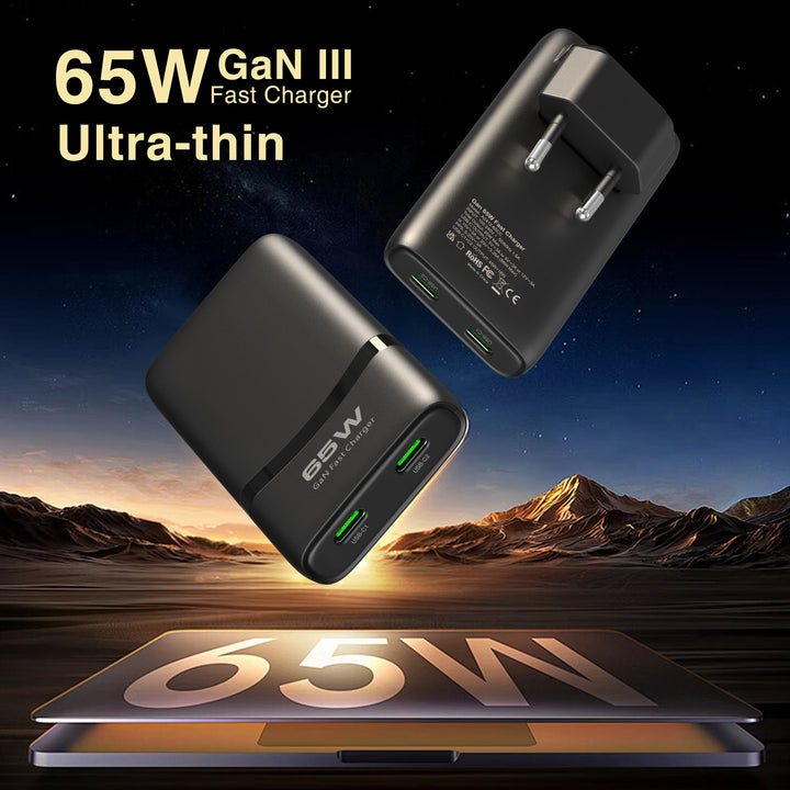 65W GaN 2-port Flat USB-C Wall Charger With USB C Fast Charging Ultra-thin Foldable Plug Suitable For iPhone Xiaomi Samsung Apsilon