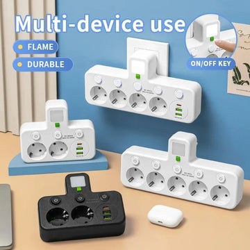 EU plug and socket 4 sockets, multi plug wall power plug and socket without extension cable or USB and Type-C port Apsilon