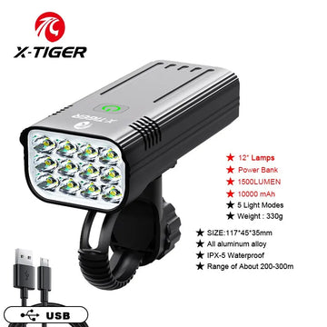 X-TIGER Bike Light Set Powerful USB Rechargeable Bright 10000mAh Bicycle Front Lights IPX5 Waterproof Front Lamp Cycling Apsilon