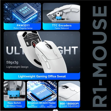 Attack Shark R1 Wireless Gaming Mouse 1000Hz 18000DPI PAW3311 Tri-Mode Connection Macro Programmable Ergonomic Game Mice for PC Apsilon