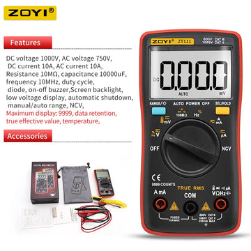 ZOYI ZT109/111 Digital Multimeter Transistor Tester Capacitor True-RMS Tester Automotive Electrical Capacitance Meter Temp Diode Apsilon