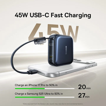 Baseus 45W Mini Power Bank 10000mAh Built-In USB-C Cable Pocket-Sized Smaller Fast Charging Portable For iPhone 17 Samsung S25 Apsilon