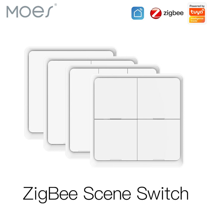 MOES 4 Gang Tuya ZigBee Wireless 12 Scene Switch Push Button Controller Battery Powered Automation Scenario for Tuya Devices Apsilon