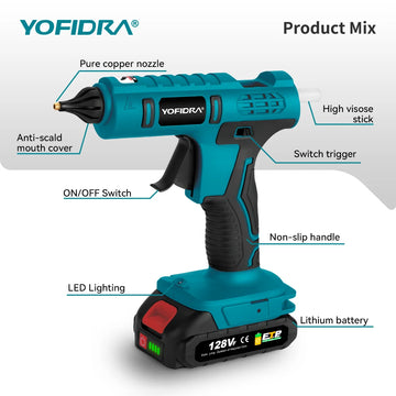 YOFIDRA 100W 260° Hot Glue Gun  Electric Mini Glue Guns Repair Power Tool With 10pcs 11MM Glue Sticks For Makita Battery Pin Apsilon