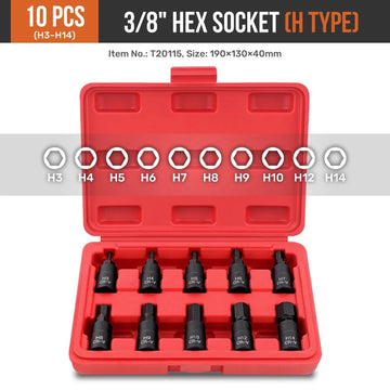 Hi-Spec 10PC 3/8" Drive Socket Set H3-14/T20-60/M4-16 with Red Case, Professional Torx/Hex/Spline Tool Kit for Auto Maintenance Apsilon