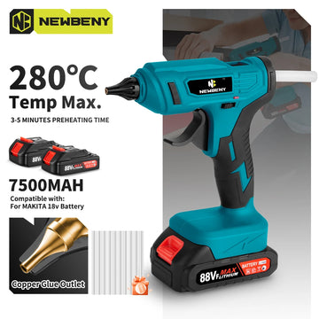 NEWBENY 280°C Electric Hot Melt Glue Gun Portable Rechargeable DIY Repair Tool with 10pcs Glue Sticks Set For Makita Battery Pin Apsilon