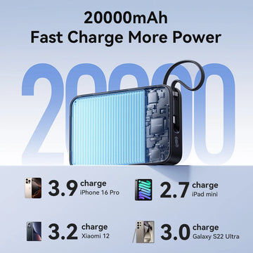 Vention 65W Power Bank 20000mAh Built-in USB-C Cable Portable Powerbank for Laptop PD Fast Charger for iPhone 17 Samsung S25 S24 Apsilon