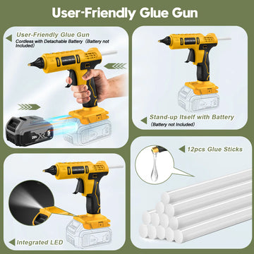 100W Cordless Hot Glue Gun for DeWalt 20V Battery (NO Battery) Wireless Power Glue Gun Full Size with 12pcs Glue Sticks(11mm) Apsilon