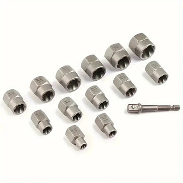 14 Pieces Impact Bolt & Nut Remover Set Cr-Mo Steel Bolt Extractor Tool Set with Solid Storage Case for Industrial Drop Shipping Apsilon