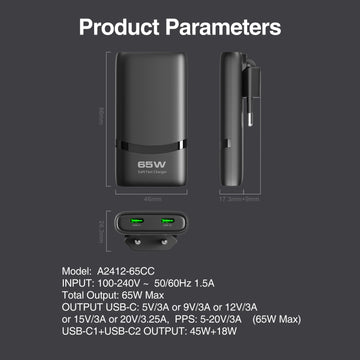 65W GaN 2-port Flat USB-C Wall Charger With USB C Fast Charging Ultra-thin Foldable Plug Suitable For iPhone Xiaomi Samsung Apsilon