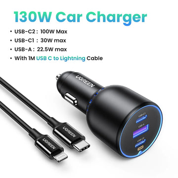 UGREEN 130W USB C Car Charger For Xiaomi iPhone 17 Samsung Galaxy S25 Laptops Tabet PD3.0 Fast Charging USB Type C Car Charger Apsilon