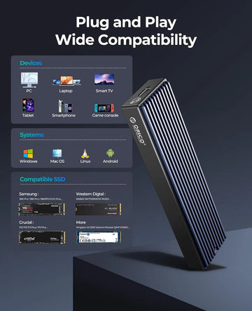 ORICO M.2 NVMe SSD Enclosure, USB 3.1 Gen 2 (10 Gbps) PCIe External Adapter NVMe Case for 2230/2242/2260/2280 M.2 SSD up to 8TB Apsilon