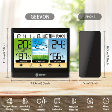 Geevon Weather Station Wireless Indoor Outdoor Thermometer Hygrometer Touch LCD Display with Alarm Clock Adjustable Backlight Apsilon