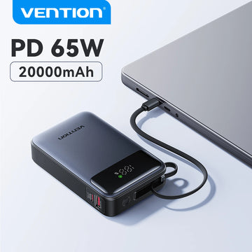 Vention 65W Power Bank 20000mAh Built-in USB-C Cable Portable Powerbank for Laptop PD Fast Charger for iPhone 17 Samsung S25 S24 Apsilon