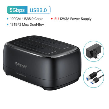 ORICO Dual-bay Hard Drive Station USB3.0 5Gbps Type-C HDD Docking Station  with 12V 3A Power Adapter  for 2.5/3.5 Inch HDD/SSD Apsilon
