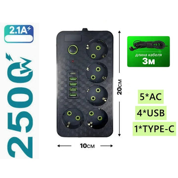 EU plug and socket 4 sockets, multi plug wall power plug and socket without extension cable or USB and Type-C port Apsilon