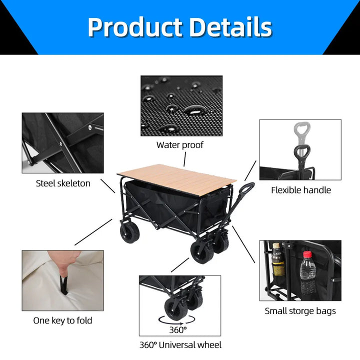 Large Weight Capacity Heavy Duty Wagon Cart Folding Wagon for Outdoor Garden Beach wagon Camping Equipment with Cup Holders Apsilon