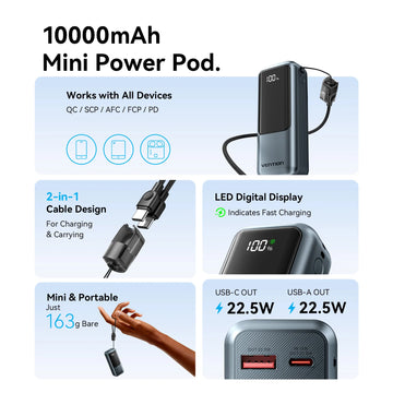 Vention 10000mAh Mini Power Bank 22.5w Portable Charger Built-in USB C Cable PD 3.0 Fast Charging for iPhone 17 Samsung S25 S24 Apsilon