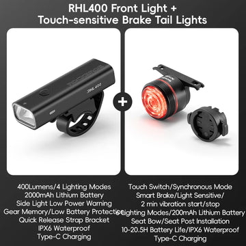 ROCKBROS Bike Light Set MTB Road Cycling Light Waterproof 200LM/400LM Bicycle Headlight + Smart Rear Light Auto Brake Sensing Apsilon